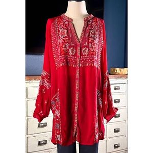 Johnny Was Tapestry Embroidered Red Tunic Blouse NWT New Large L